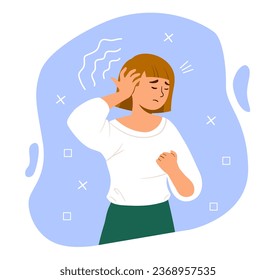 Mujer con el concepto de enfermedad del oído. Niña joven con migraña y dolor en la cabeza. Enfermedad y enfermedad. Tratamiento y atención de la salud. Afiche o cartel para el sitio web. Dibujo vectorial plano de dibujos animados