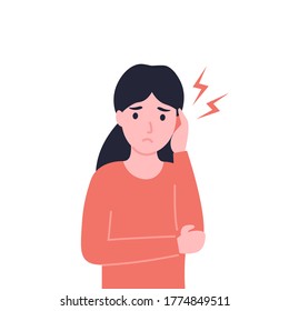 Woman with of earache. Girl with media otitis. Girl holds hand on your earFlat vector cartoon modern illustration. 