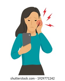 Woman with of earache. Girl with media otitis. Girl holds hand on your ear. Flat vector cartoon modern illustration.