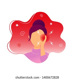 Woman with earache touching her ear. Flat modern trendy style.Vector illustration character icon. Isolated on white background.