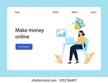 Woman earn money by uploading images on laptop. Digital picture files transform into money. Female character sit at the table with computer. Make dollars online by freelancing landing page