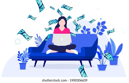 Woman earning money from couch at home - Female person sitting on sofa with laptop computer and dollar bills raining down. Vector illustration.