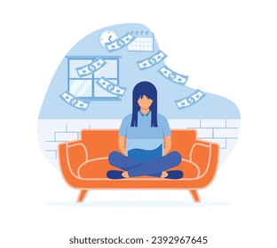 Woman earning money from couch at home.  Female person sitting on sofa with laptop computer and dollar bills raining down.  flat vector modern illustration 