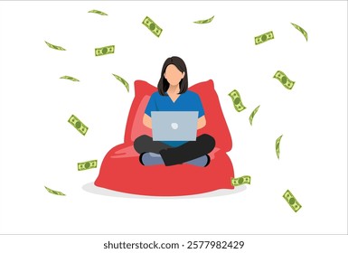 Woman earning money from couch at home Female person sitting on sofa with laptop computer and dollar bills raining down. Vector illustration isolated
