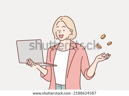woman earning money. laptop. Hand drawn style vector design illustrations.