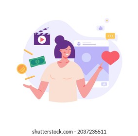 Mujer ganando dinero en línea en medios sociales. Un bloguero exitoso monetiza el video blog. Concepto de monetización de blogs, ganar dinero en internet, ingresos en línea. Ilustración vectorial en plano para el diseño de interfaz de usuario web