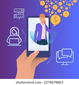 Woman earning money in social media vector illustration. Hand holding smartphone, manager sending money from screen. Earnings in social networks, remote work, customer service concept