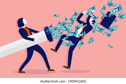 Woman earning more money than men - Female person firing money with a canon in mans face. Vector illustration.