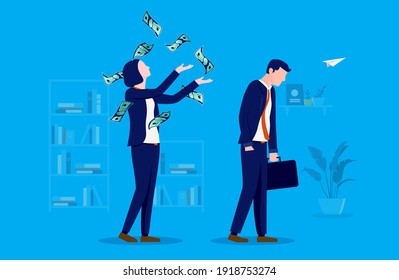 Woman earning more money than man - Female person throwing money in air, happy with having higher salary than male colleague. Economic inequality and salary concept. Vector illustration.