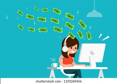 Woman earnings money from her computer flat design vector.