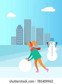 Woman in earphones makes snowman with bucket on head in wintertime vector illustration poster on cityscape background with skyscrapers, wintertime