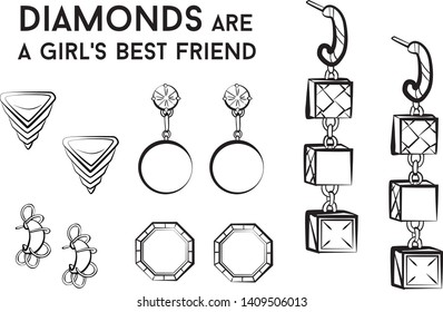 Woman earrings - jewelry set Fashion vector illustration vector  object isolated . Black and white color
