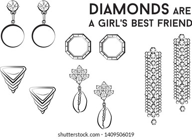 Woman earrings - jewelry set Fashion vector illustration vector  object isolated . Black and white color
