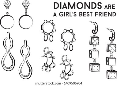 Woman earrings - jewelry set Fashion vector illustration vector  object isolated . Black and white color
