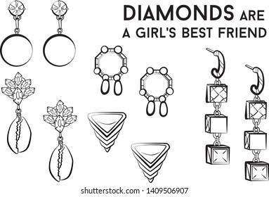 Woman earrings - jewelry set Fashion vector illustration vector  object isolated . Black and white color
