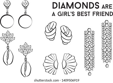 Woman earrings - jewelry set Fashion vector illustration vector  object isolated . Black and white color
