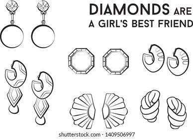 Woman earrings - jewelry set Fashion vector illustration vector  object isolated . Black and white color
