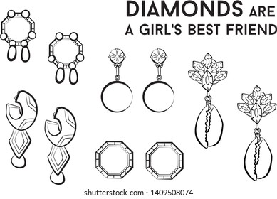 Woman earrings - jewelry set Fashion vector illustration vector  object isolated . Black and white color