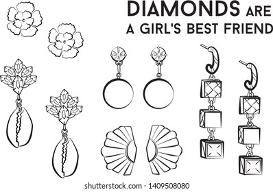 Woman earrings - jewelry set Fashion vector illustration vector  object isolated . Black and white color