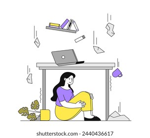 Mujer con Terremoto lineal. Muchacha escondida debajo de la mesa del accidente y el desastre, el cataclismo. Seguridad en situaciones peligrosas. Doodle ilustración vectorial plana aislada sobre fondo blanco