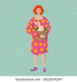 Woman with Easter rabbit vector illustration. Young redhead female character in colorful bold pink dress holding basket with cute bunny. Happy Easter modern spring design on textured background