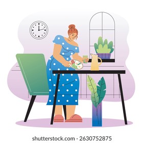 Woman eat breakfast. Young girl with plate with vegetables. Healthy eating and proper nutrition, diet. Person eat salad with eggs. Delicious food. Flat vector illustration