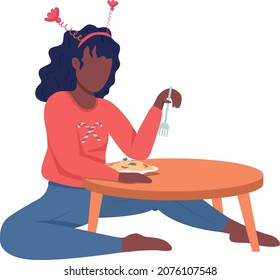 Woman eat at Christmas semi flat color vector character. Sitting figure. Full body person on white. Festive dinner isolated modern cartoon style illustration for graphic design and animation