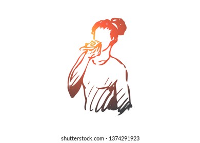 Woman, eat, fast food, lunch, meal concept. Hand drawn isolated vector.