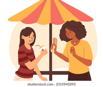 Las mujeres comen el concepto de hot dog y bebida. Una niña en un café compra bebidas y comida rápida. Personas en restauración, pequeñas empresas. Comer poco saludable y comida basura. Dibujo vectorial plano de dibujos animados