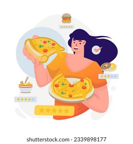A woman eat pizza food review rating illustration