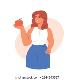 Woman is eating an apple. Person with health snack Diet food, healthy lifestyle, vegetarian food, raw food diet. Student snack