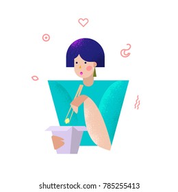 woman eating asian food with shrips and mussels vector illustration