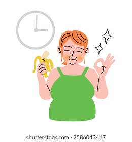 Woman eating a banana for a snack.