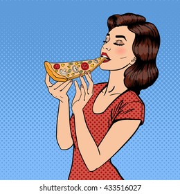 Woman Eating Big Piece of Pizza. Unhealthy Food Pop Art. Vector illustration