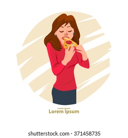 woman eating a big slice of pizza, cartoon character, vector illustration