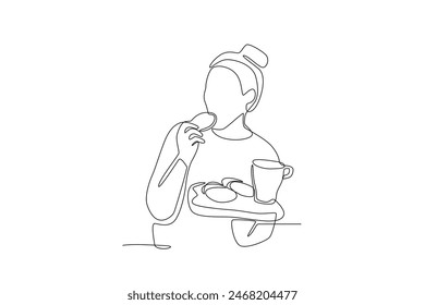 Woman eating biscuits and drinking milk at breakfast. Eating breakfast concept one-line drawing