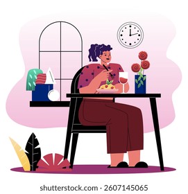 Woman eating a bowl of pasta while sitting at a table with wine and flowers, in a cozy interior with plants and a clock, flat colorful style. Vector illustration