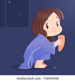 Woman eating bread at night. Cartoon Design. Vector Illustration