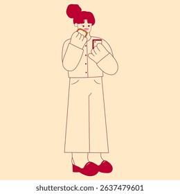 woman eating bread while holding smartphone