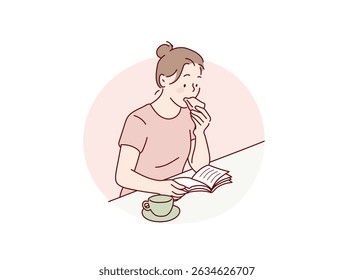 Woman Eating Bread While Reading a Book. Hand drawn style vector design illustrations.