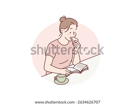 Woman Eating Bread While Reading a Book. Hand drawn style vector design illustrations.