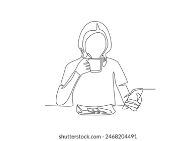 Woman eating breakfast while looking at her cellphone. Eating breakfast concept one-line drawing