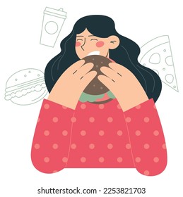 Woman eating a burger. Flat vector minimalist illustrations with kitchen staff, cooking and food