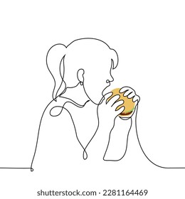 woman eating burger with her mouth wide open - one line drawing vector. the concept eat fast food