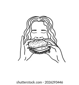 Woman eating burger. Outline sketch. Girl holding a hamburger in her hands. Fast food concept. Vector illustration.