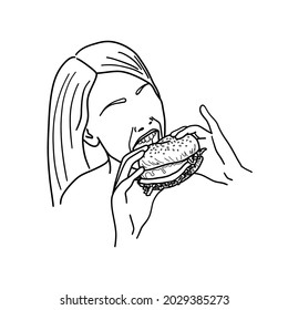 Woman eating burger  Outline sketch  Girl holding hamburger in her hands  Fast food concept  Vector illustration 