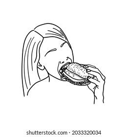 Woman eating burger. Outline sketch. Girl holding a hamburger. Fast food concept. Vector illustration.