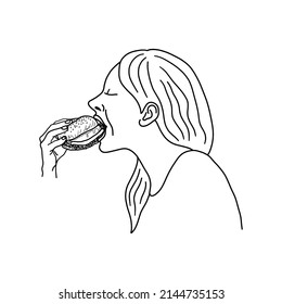 Woman eating burger. Outline sketch. Girl holding a hamburger. Fast food concept. Vector illustration.
