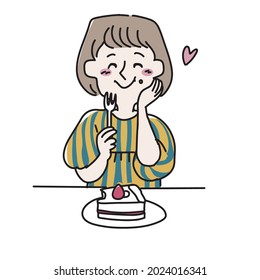 A woman eating a cake deliciously