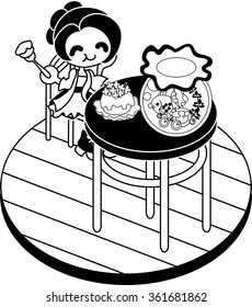 The woman eating a cake and looking at a goldfish basin at a table.